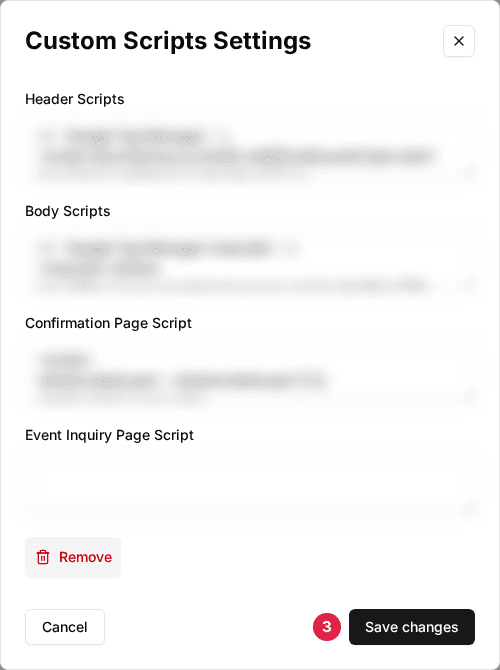 Custom Scripts Settings window with the Save changes button marked (3); script contents blurred