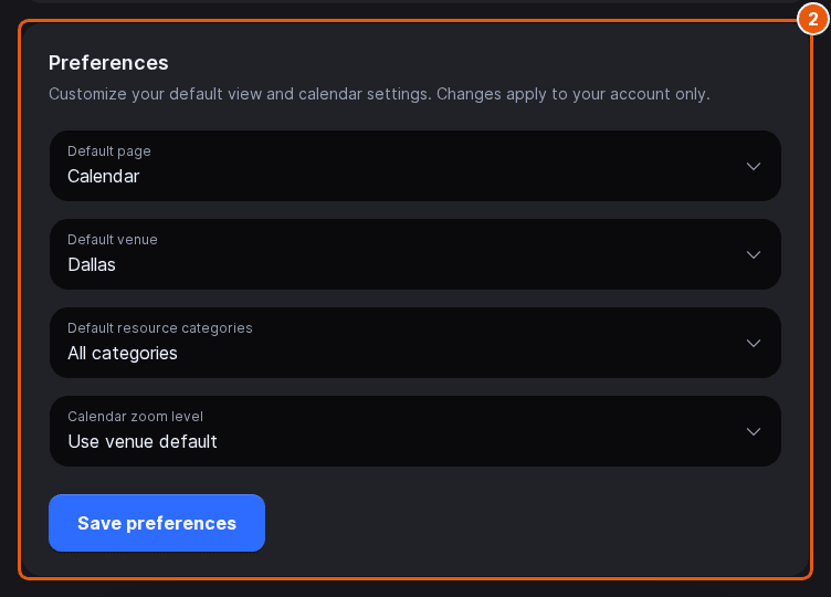 Preferences card on the Host App Settings page with Default page, Default venue, Default resource categories and Calendar zoom level dropdowns and the Save preferences button