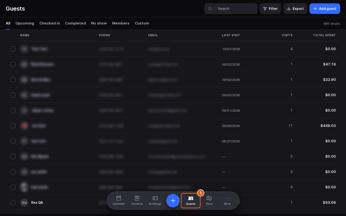 Host App Guests page listing guests with phone, email, last visit, visits and total spent, with Guests marked in the dock