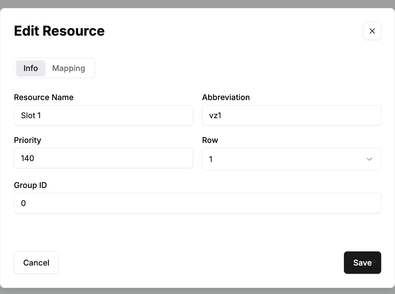 The Edit Resource dialog in a venue's Resources tab, showing the Group ID field set to 0