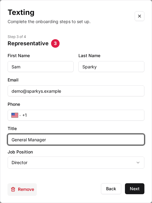 The Texting setup wizard on Step 3 of 4, Representative (3), with the First Name, Last Name, Email, Phone, Title and Job Position fields