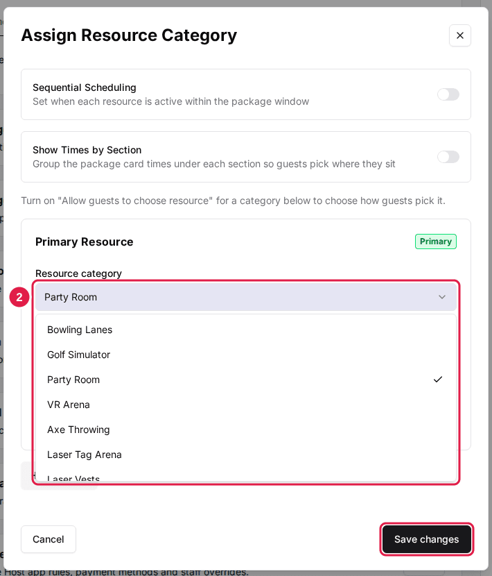 Assign Resource Category dialog with the Primary Resource category dropdown open and Save changes highlighted