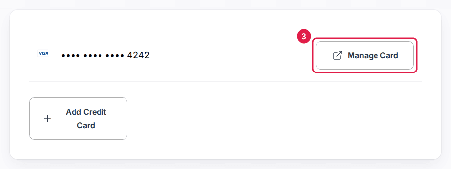 A saved card row in Payment Methods with the Manage Card button outlined.