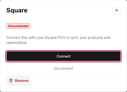 The Square window showing Disconnected with the Connect button highlighted