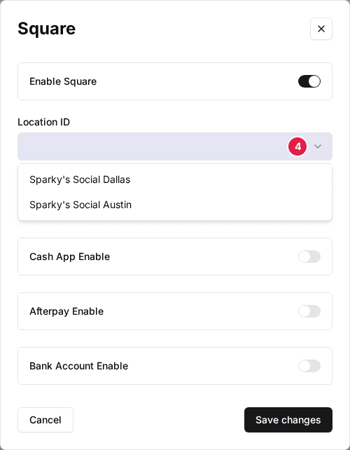 The Location ID dropdown (4) open in the venue's Square window, listing the Square locations