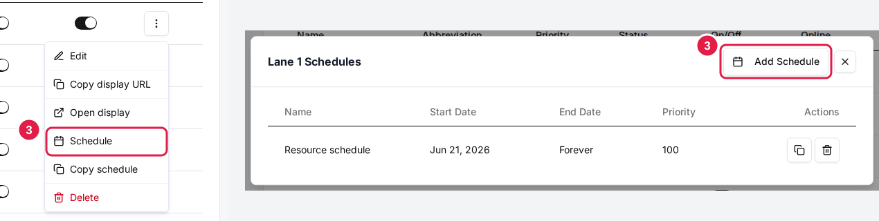 Two views side by side: a resource row's three-dot menu with Schedule outlined, and the resource's Schedules window listing its schedules with the Add Schedule button outlined.