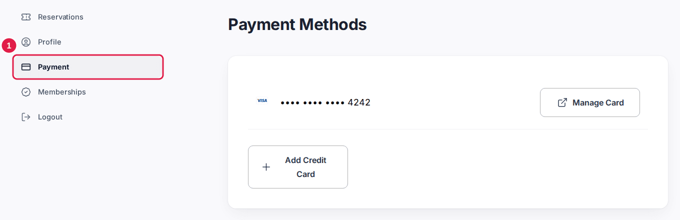 The account page with Payment selected in the account menu, showing Payment Methods with a saved Visa card ending in 4242, a Manage Card button and an Add Credit Card button.