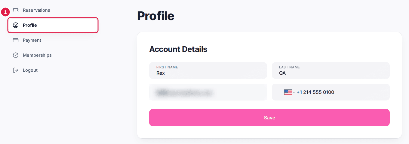 A guest's account page on the booking site with Profile selected in the account menu, showing the Account Details card with First Name, Last Name, Email and phone fields.