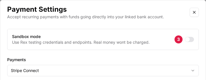 The top of the Payment Settings window with the Sandbox mode switch (3) and the Payments dropdown