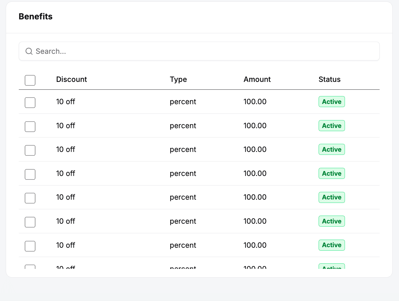 A membership plan's Benefits section: a searchable list of discount codes with a checkbox on each, plus Discount, Type, Amount, and Status columns.