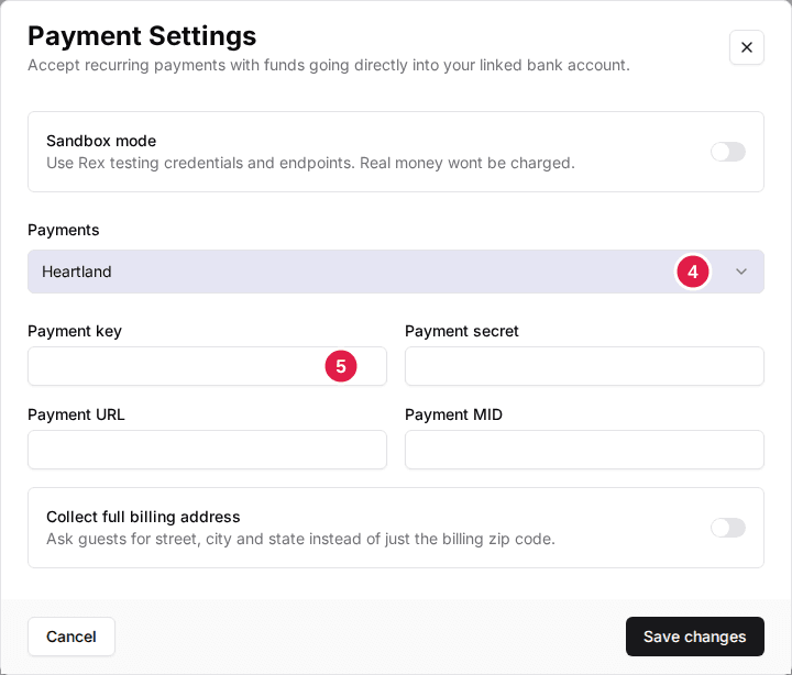 Payment Settings window with Sandbox mode off, Heartland selected in Payments (4), and the Payment key, Payment secret, Payment URL and Payment MID fields (5) above Collect full billing address