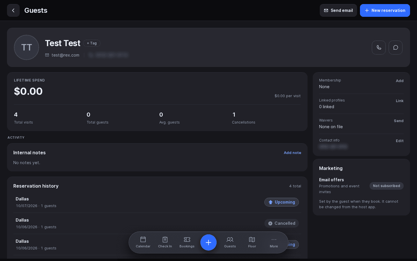 Guest profile showing the guest's name and email, lifetime spend, visits, internal notes, reservation history, membership, waivers and marketing status