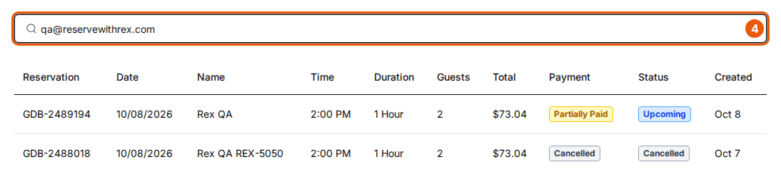 The reservations search box highlighted with qa@reservewithrex.com typed in, and the list narrowed to the two matching Rex QA reservations