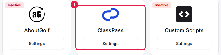 The Integrations section of the venue's General tab with the ClassPass card outlined (1) between AboutGolf and Custom Scripts.