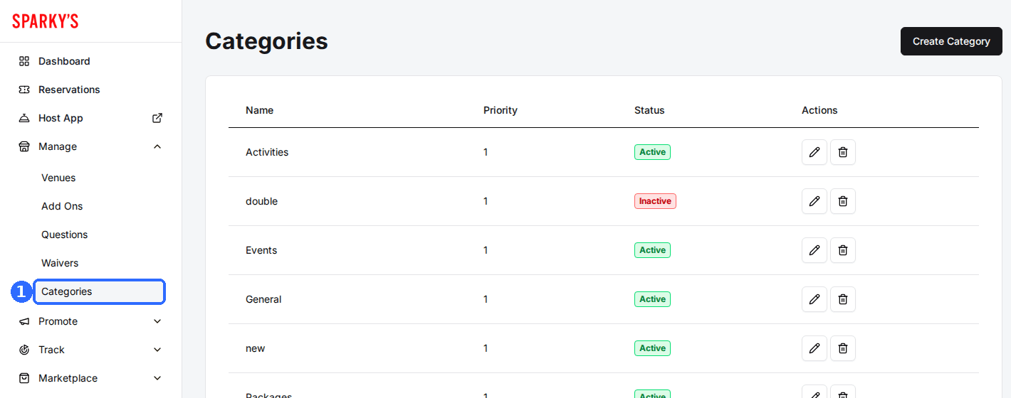 The Categories page opened from Manage > Categories in the sidebar, listing categories with Name, Priority, an Active or Inactive Status badge, and edit and delete icons