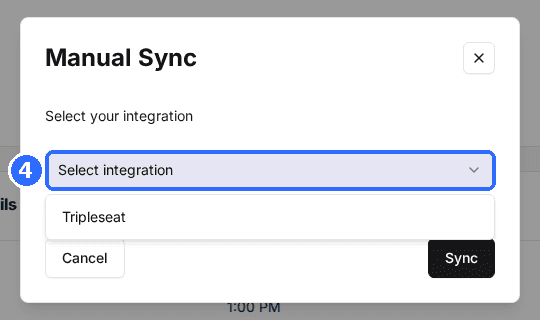 The Manual Sync dialog with the Select your integration dropdown open showing Tripleseat, plus Cancel and Sync buttons