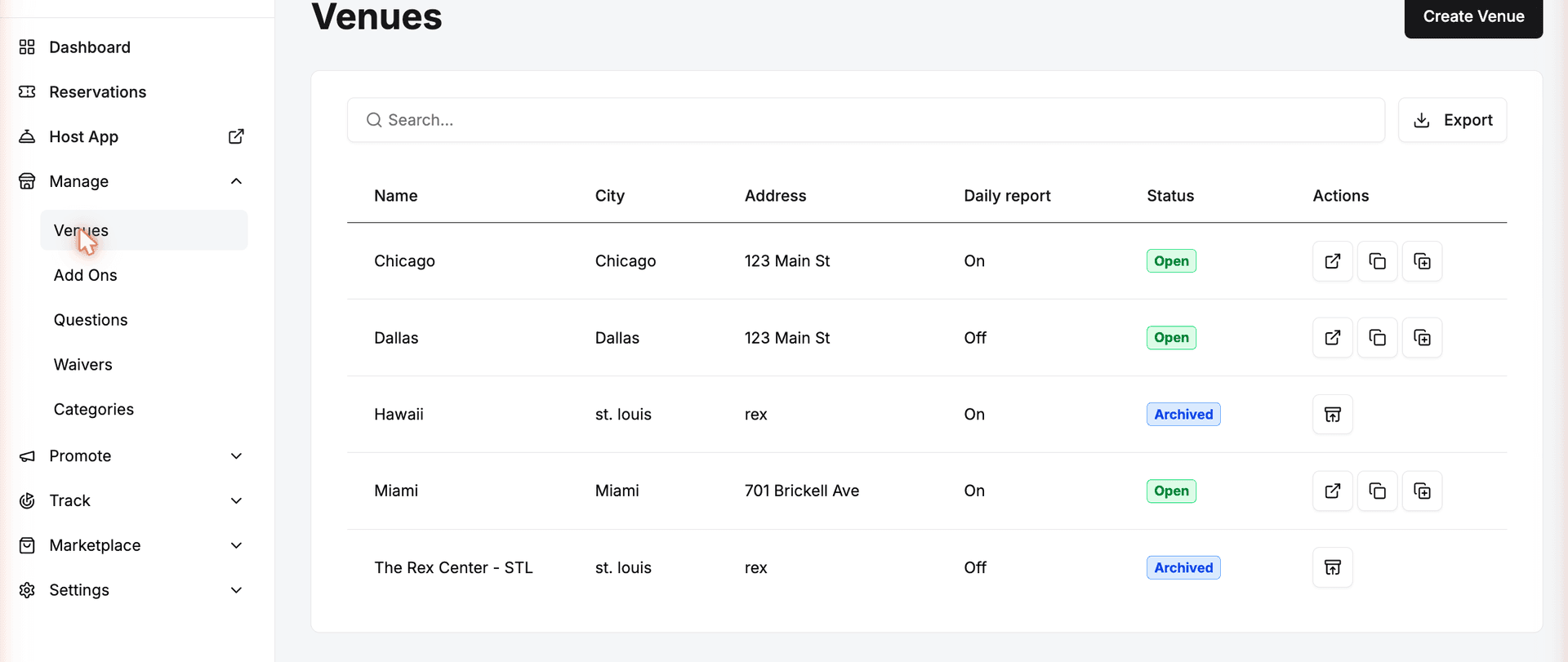 The Venues page in Rex with the Create Venue button in the top-right corner and a list of existing venues.