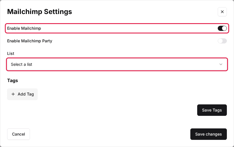 The venue's Mailchimp Settings window with the Enable Mailchimp switch and the List dropdown highlighted