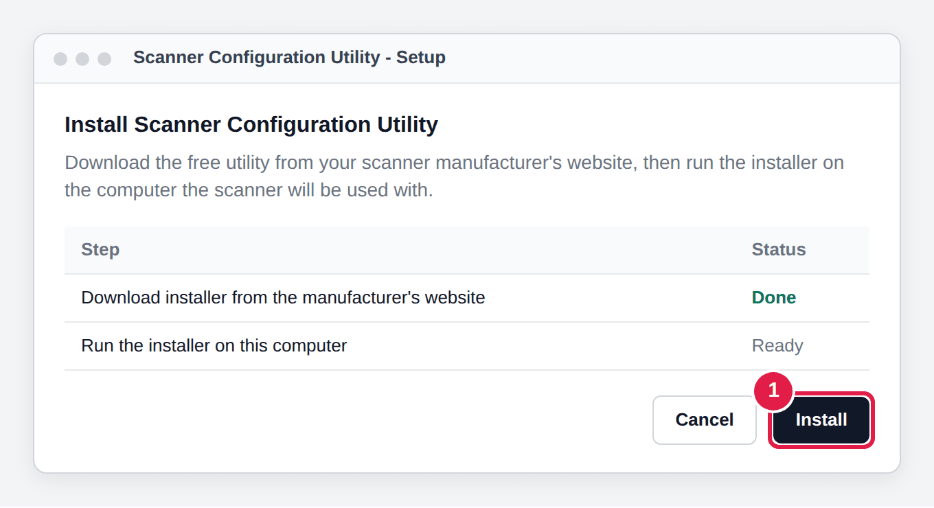 Illustration: a scanner configuration utility installer with the Install button highlighted