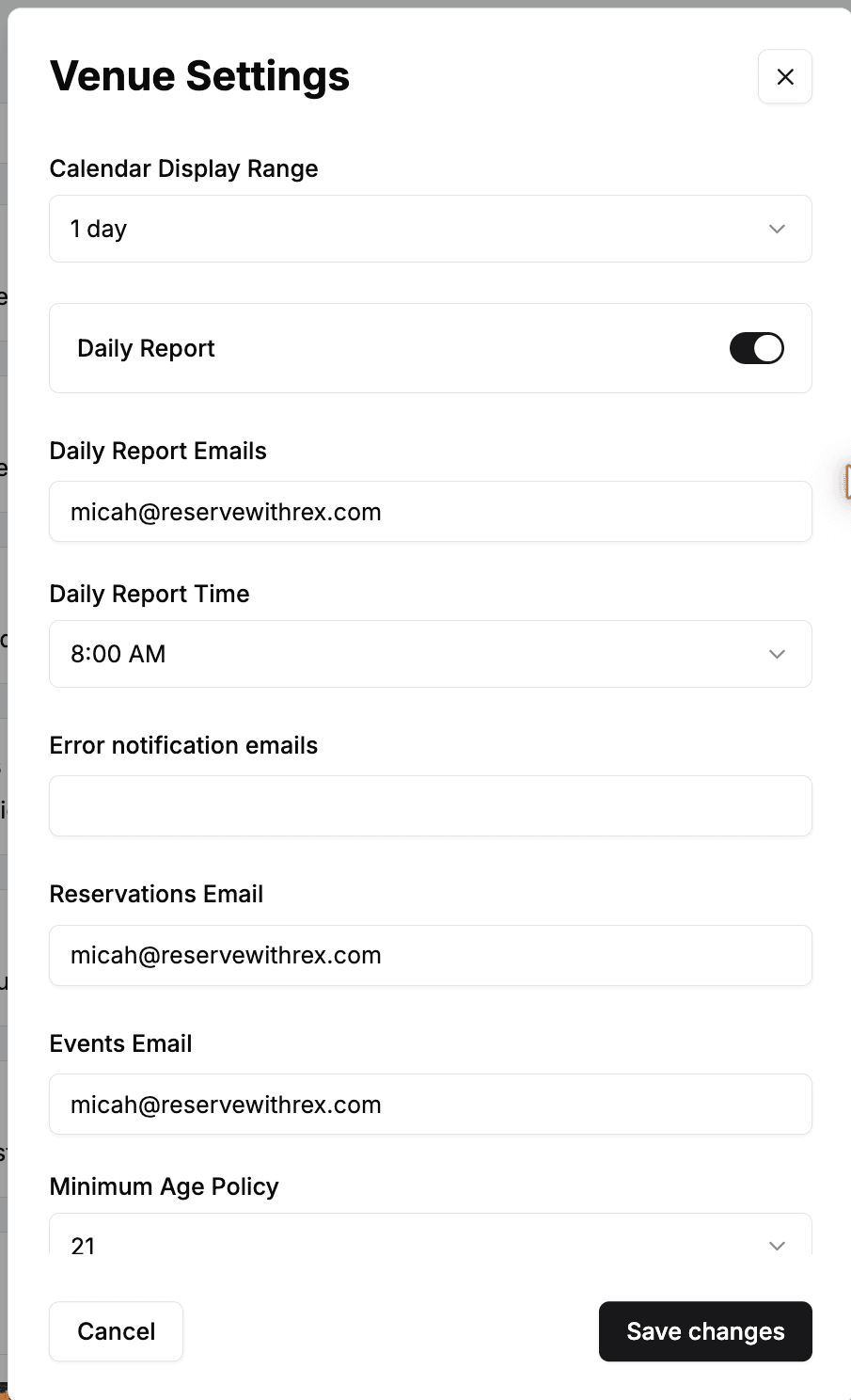 The Venue Settings window showing Daily Report Emails, Error notification emails, Reservations Email, and Events Email fields.