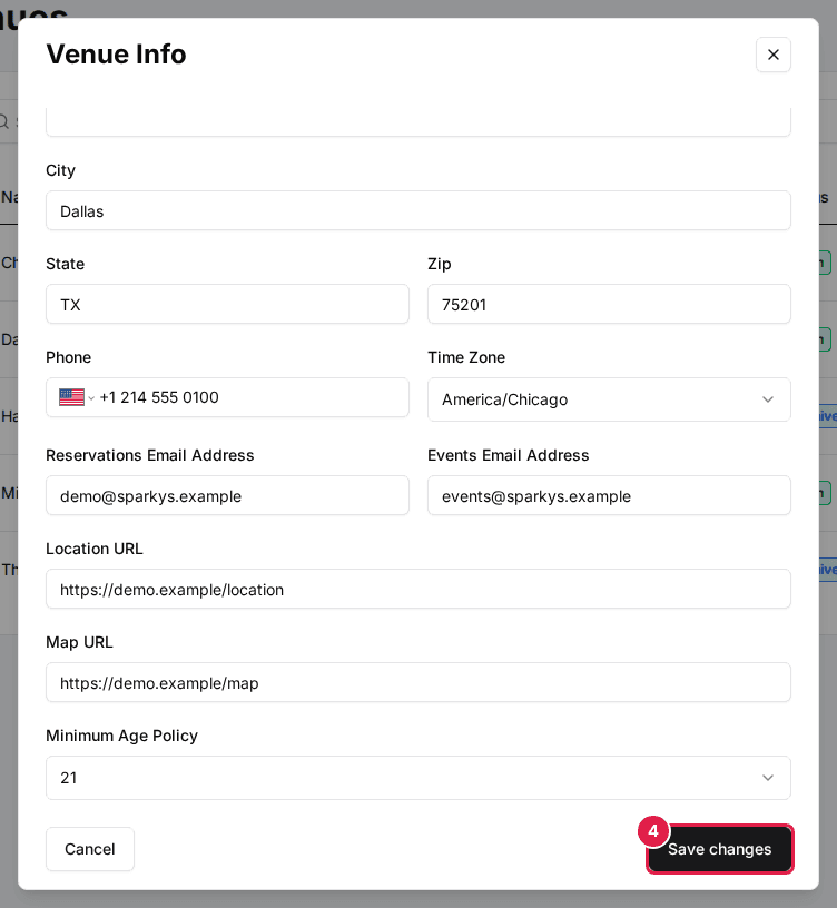 The bottom of the Venue Info form with Location URL, Map URL and Minimum Age Policy filled in and the Save changes button (4)