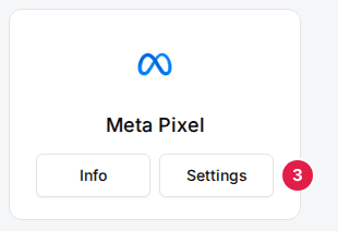 The Meta Pixel card with its Info and Settings buttons, Settings marked (3)