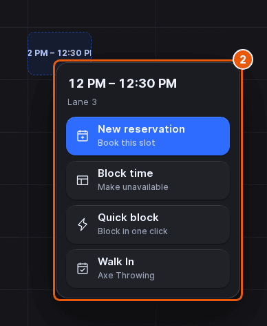 Menu for the 12 PM to 12:30 PM slot on Lane 3 with New reservation, Block time, Quick block and Walk In