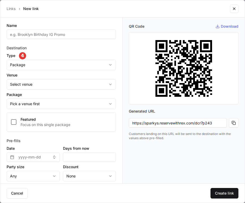 The New link window with Name, the Destination Type, Venue and Package fields, the Featured checkbox, Pre-fills, and the QR Code and Generated URL on the right