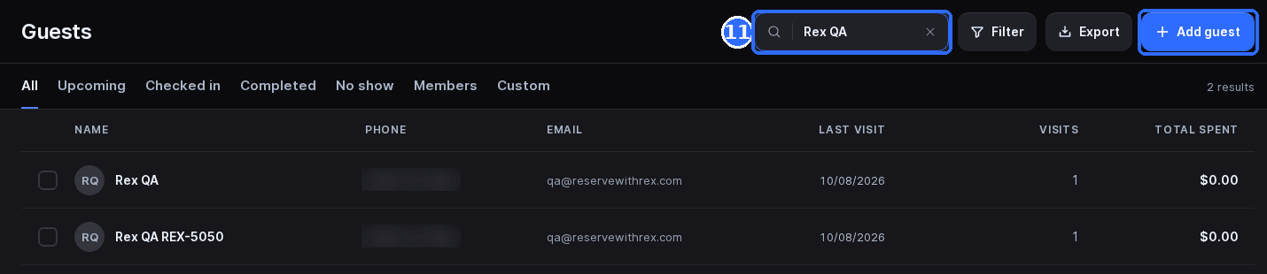 The Host App Guests page searched for a guest, with the Search box and the Add guest button