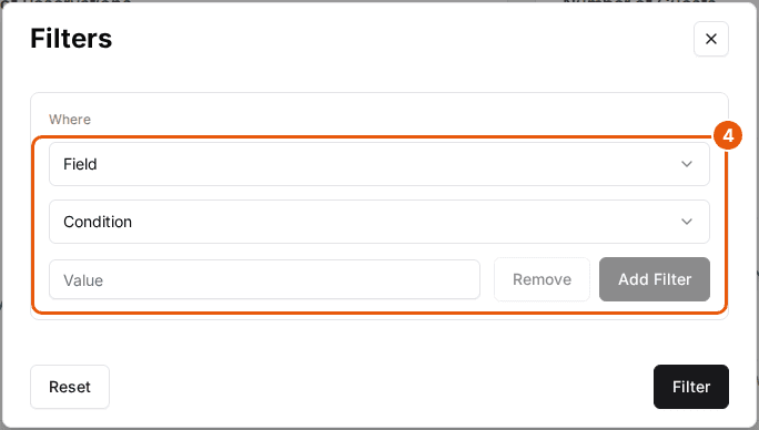The Filters dialog with Field, Condition and Value inputs highlighted, Remove and Add Filter buttons, and Reset and Filter at the bottom