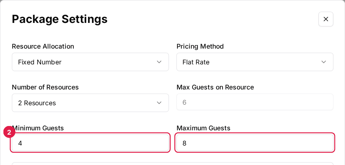 The Package Settings window with Pricing Method set to Flat Rate and Minimum Guests and Maximum Guests outlined