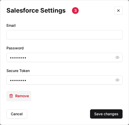 The Salesforce Settings window (3) opened from the account's Global Integrations page, with the Email, Password and Secure Token fields