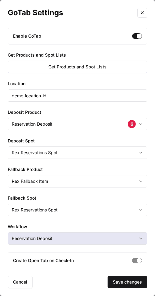 The GoTab Settings window with the Deposit Product dropdown (6), Deposit Spot, Fallback Product and Fallback Spot filled in