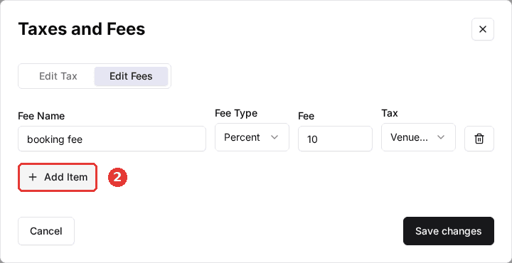The Edit Fees tab of a package's Taxes and Fees dialog showing a fee row with Fee Name, Fee Type, Fee and Tax, and the Add Item button highlighted