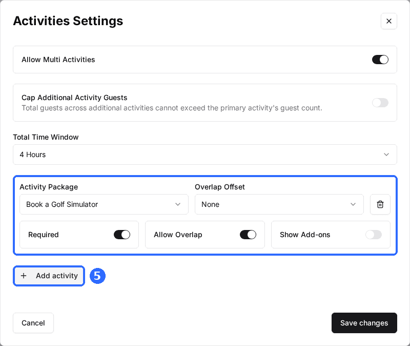 The Activities Settings window with an activity row (Activity Package Book a Golf Simulator, Overlap Offset, Required, Allow Overlap and Show Add-ons) and the Add activity button.