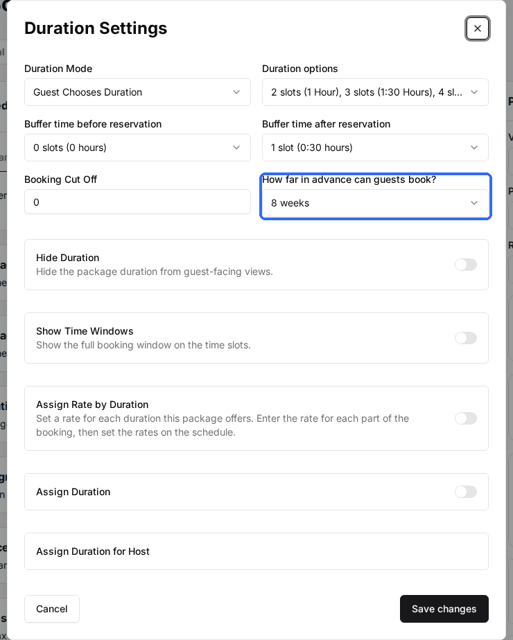The Duration Settings window with How far in advance can guests book? highlighted