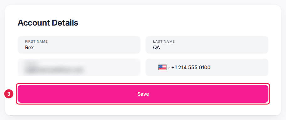 The Account Details card on the booking site's Profile page with the Save button outlined below the name, email and phone fields.