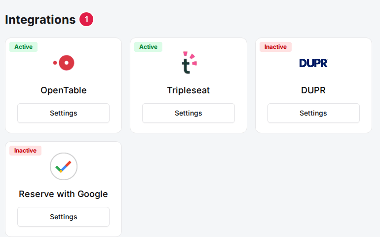 The Integrations section at the bottom of a package page with the Reserve with Google card, heading marked (1)