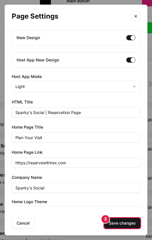 The Page Settings dialog with the Save changes button (3) at the bottom right