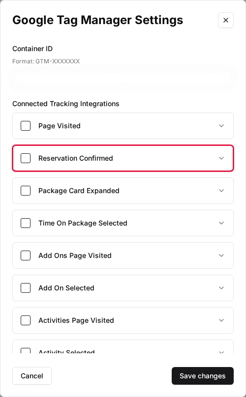 Google Tag Manager Settings window with the Reservation Confirmed event highlighted (Container ID blurred)