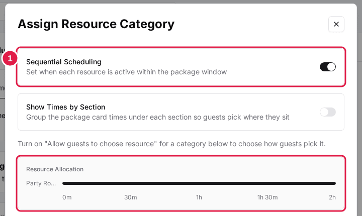 Assign Resource Category dialog with Sequential Scheduling on and the Resource Allocation timeline showing