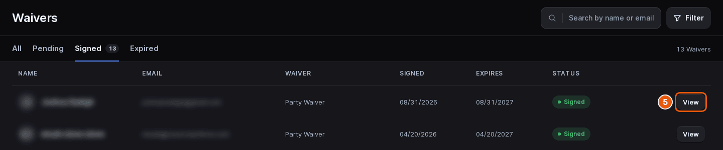 Signed tab of the Waivers page with the View button marked on a signed row