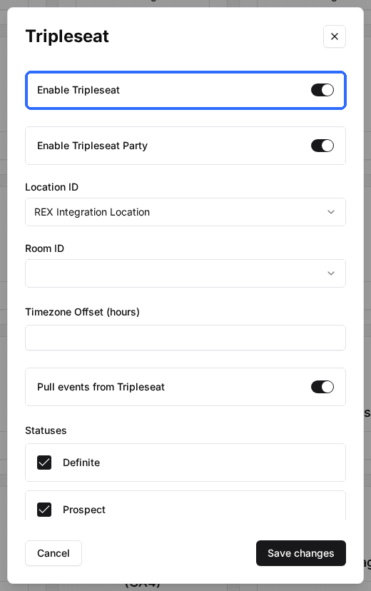 The venue's Tripleseat settings window with the Enable Tripleseat switch on, plus Location ID, Room ID and event statuses