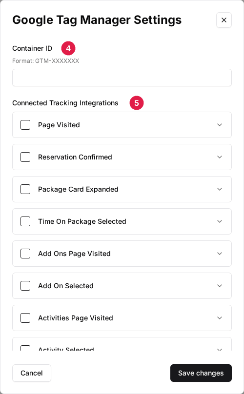 Google Tag Manager Settings window with the Container ID field (4) and the Connected Tracking Integrations checklist (5)