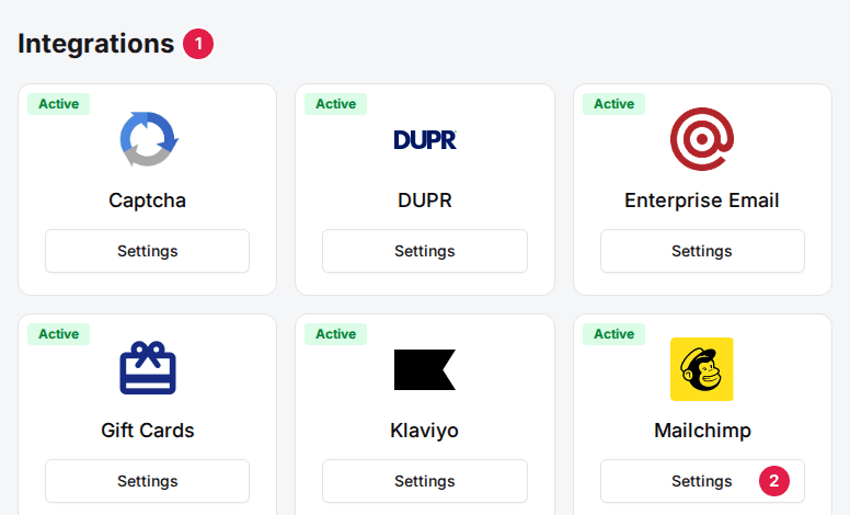 The Integrations section at the bottom of the venue's General tab (1) with the Mailchimp card's Settings button (2)