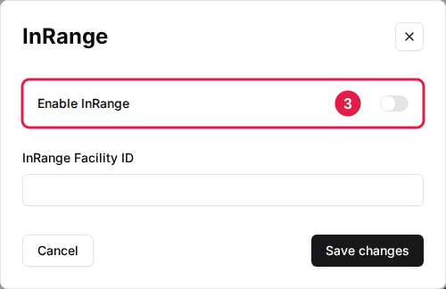 InRange settings window on a venue's General tab with the Enable InRange toggle and the InRange Facility ID field