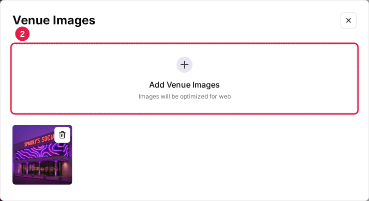 The Venue Images dialog with the Add Venue Images upload area outlined above the venue's existing photo and its delete icon.