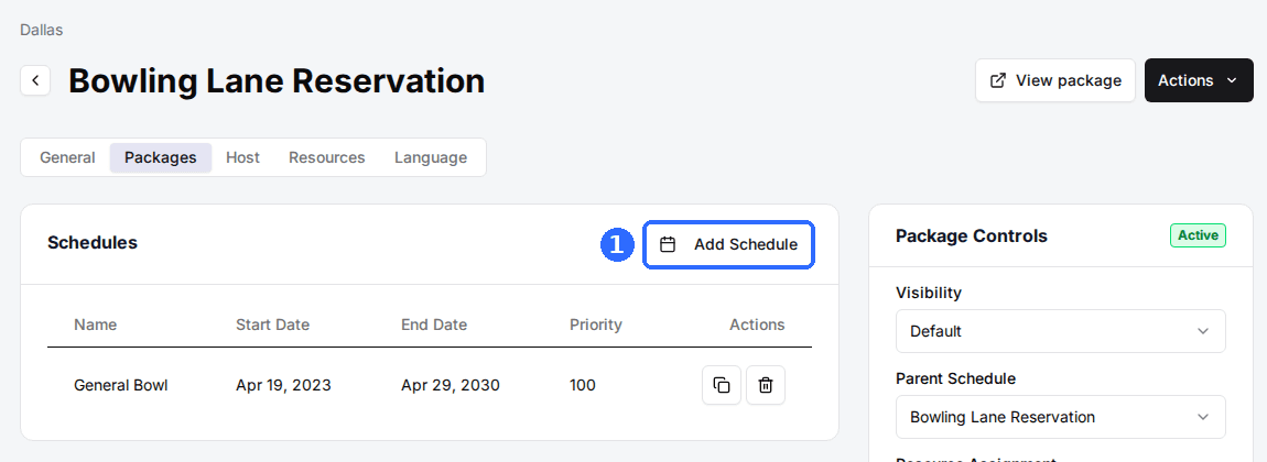 A package page with the Add Schedule button highlighted in the Schedules card.