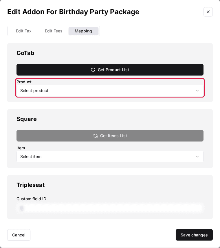 The add-on's Edit Addon window on the Mapping tab with the GoTab Product dropdown highlighted