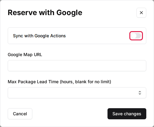 The venue's Reserve with Google window with the Sync with Google Actions switch highlighted